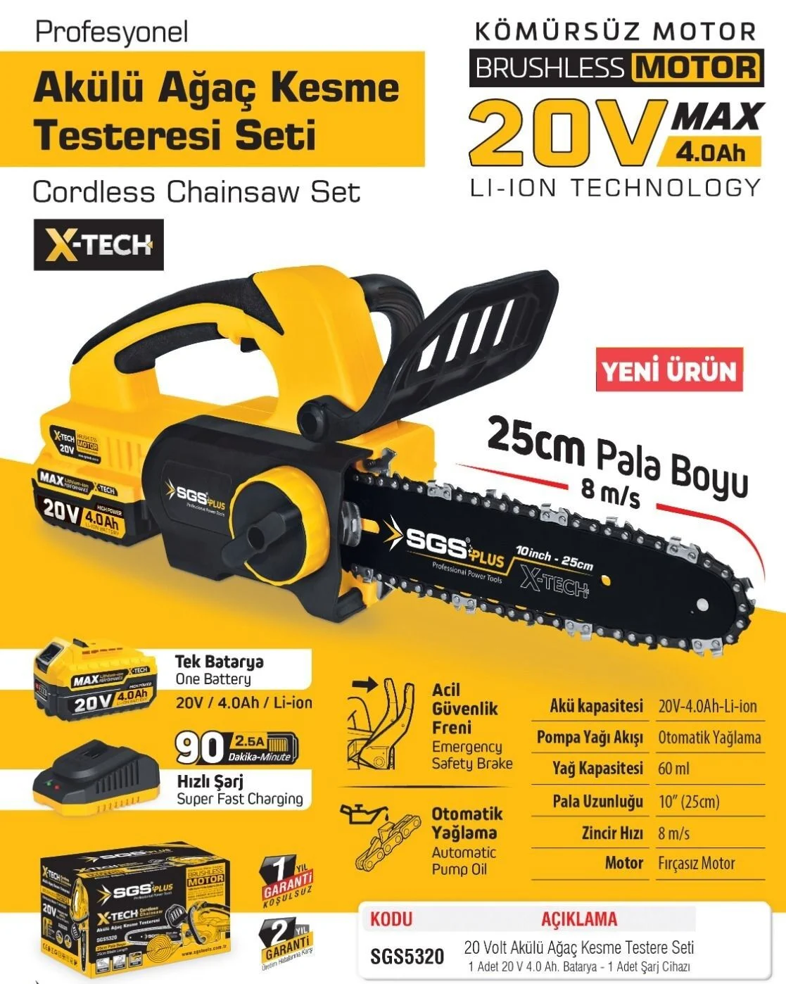 SGS - Akülü Ağaç Kesme Testeresi 20V 4.0 A ( Kömürsüz Motor )