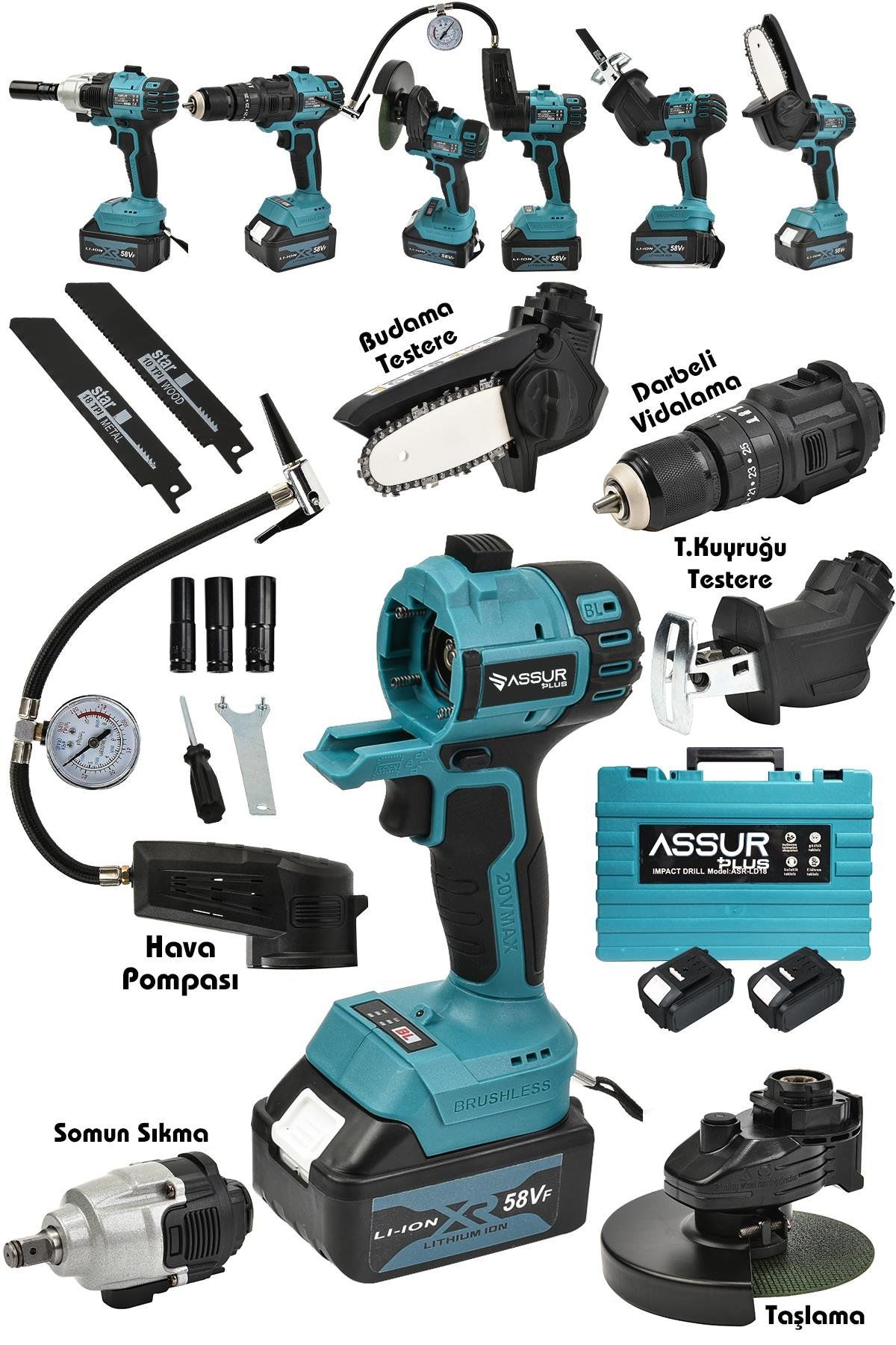 Assur Plus  7'Lı Set +Taşlama +Somun Sıkma +Tilki Kuyruğu+ Dal Budama +Akülü Vidalama+ Hava Pompası+Hilti