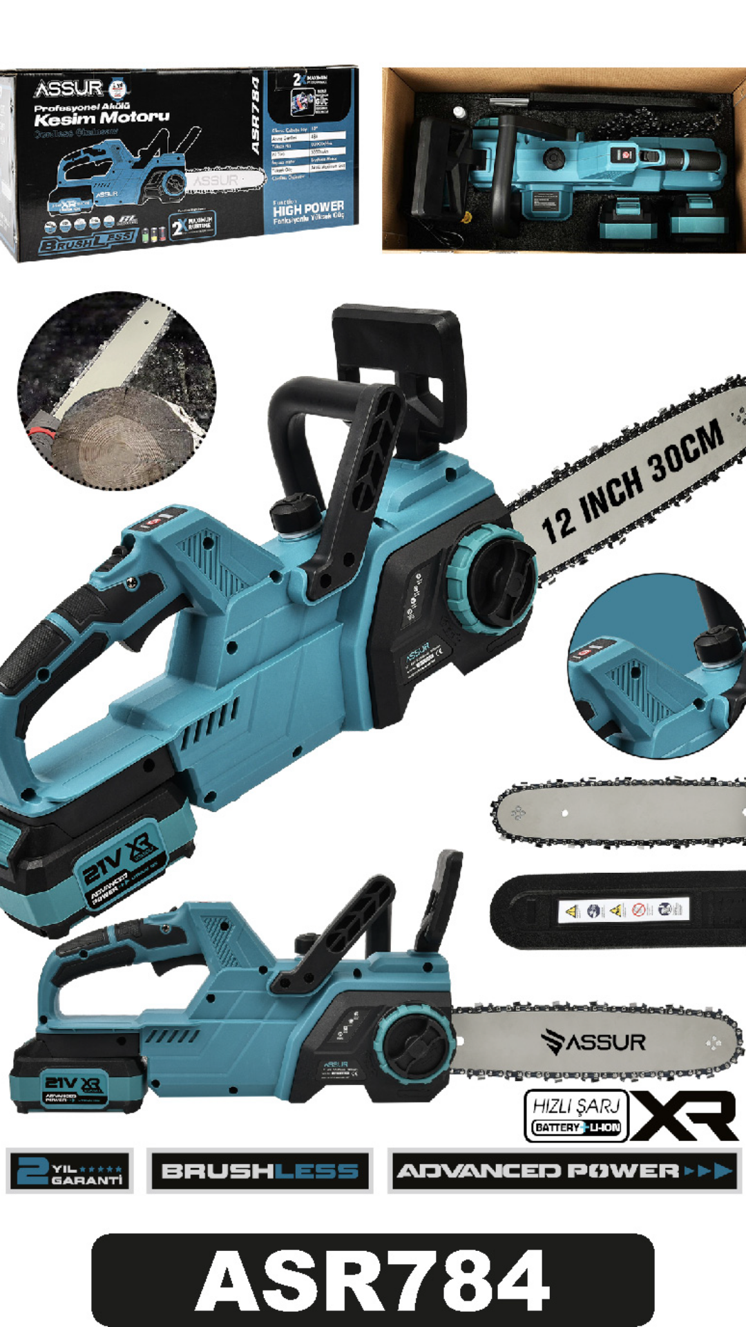 Assur Akülü  Kömürsüz Motor Zincirli Dal Budama Testeresi 30 Cm Pala